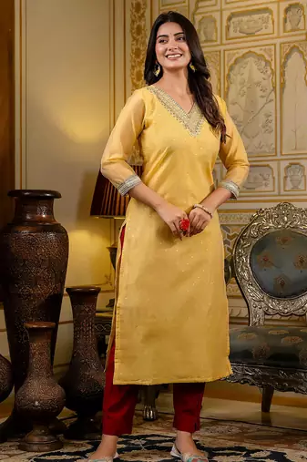 yellow fancy silk blend long kurti
