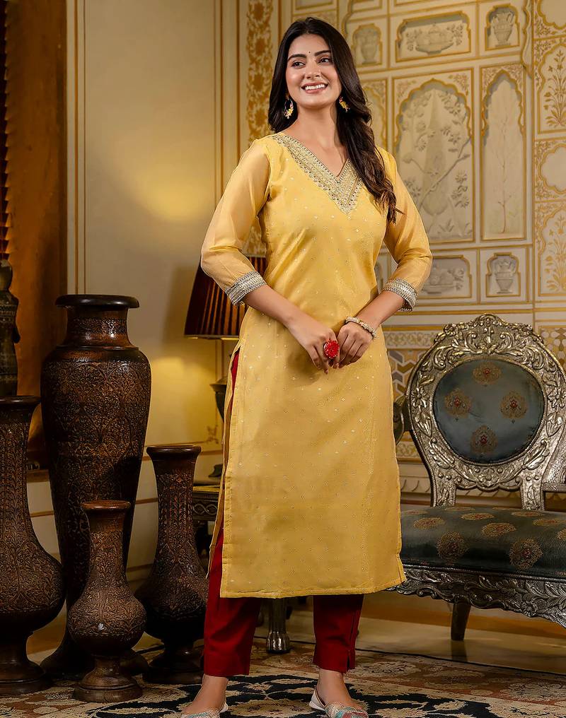 yellow fancy silk blend long kurti