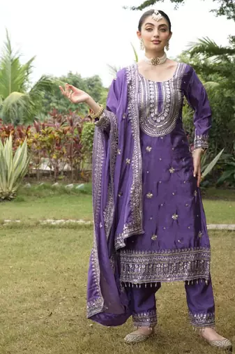 purple fancy silk kurta set