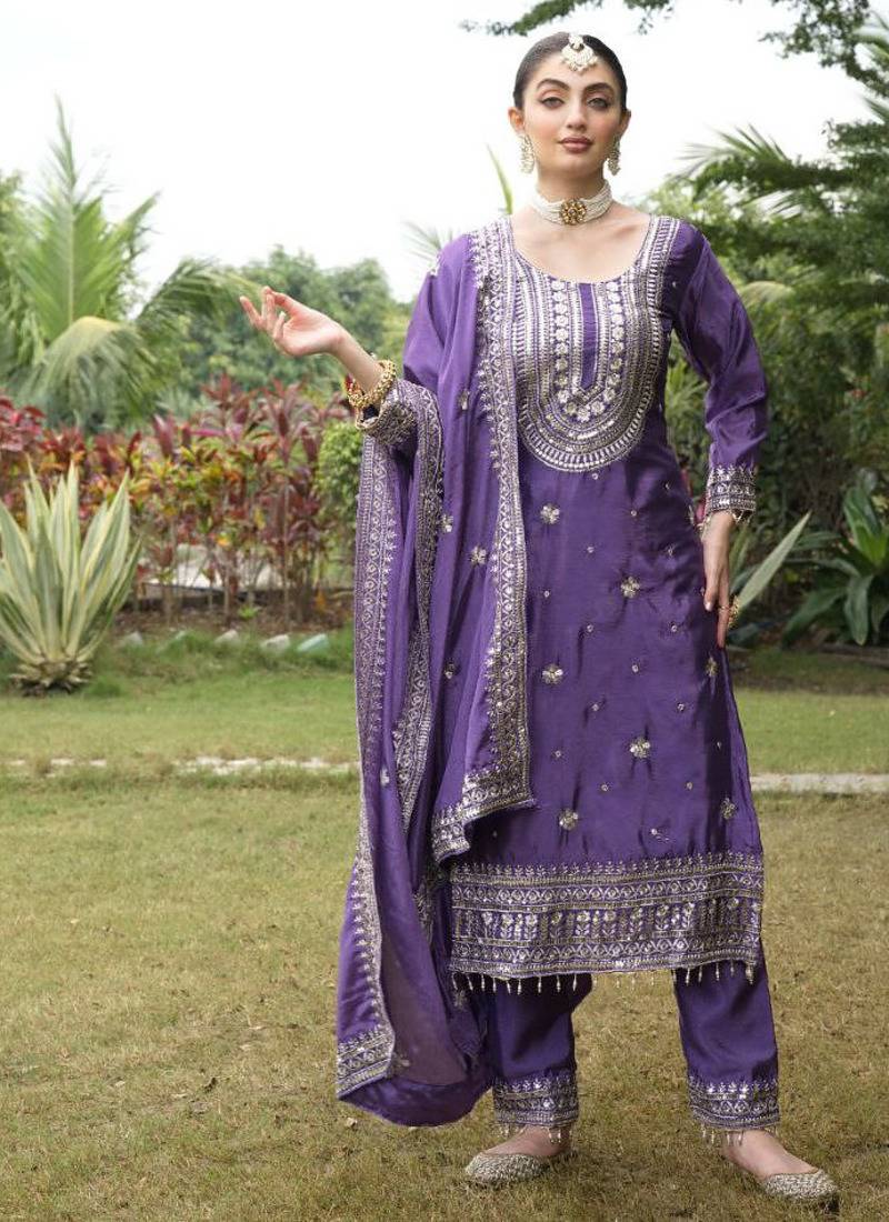 purple fancy silk kurta set