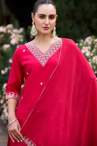 rani-pink fancy silk blend kurta set