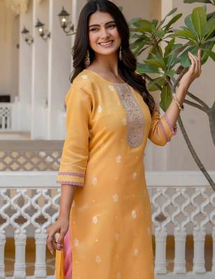 yellow fancy silk blend long kurti 3