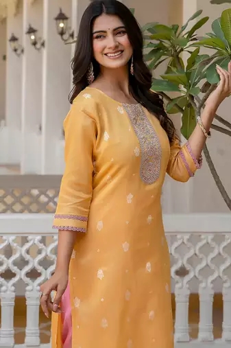 yellow fancy silk blend long kurti