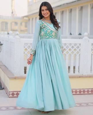 sky-blue fancy pure silk blend long kurti 1