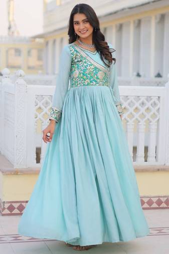sky-blue fancy pure silk blend long kurti
