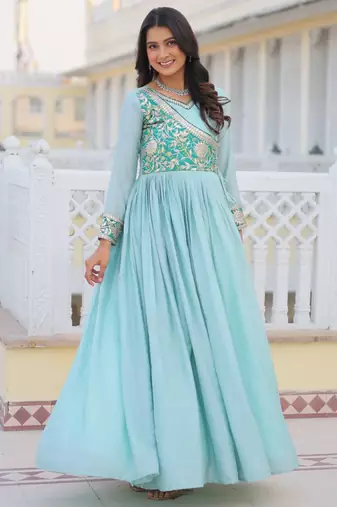 sky-blue fancy pure silk blend long kurti