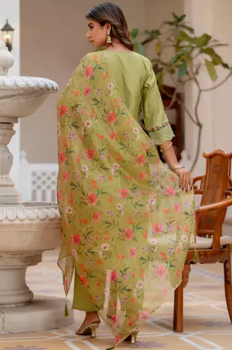 Mehndi green viscose roman silk designer festive wear readymade suit