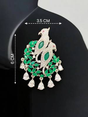 Emerald green dual peacock american diamond silver finish designer brooch 1