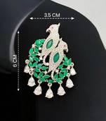 Emerald green dual peacock american diamond silver finish designer brooch