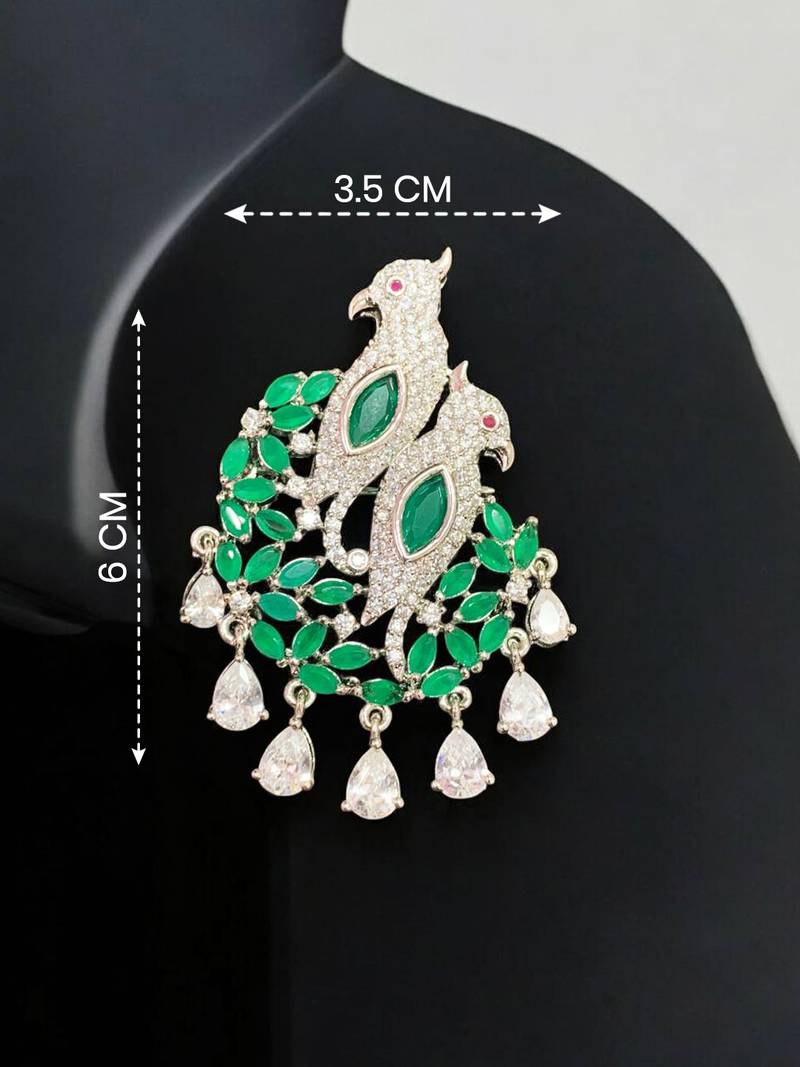 Emerald green dual peacock american diamond silver finish designer brooch