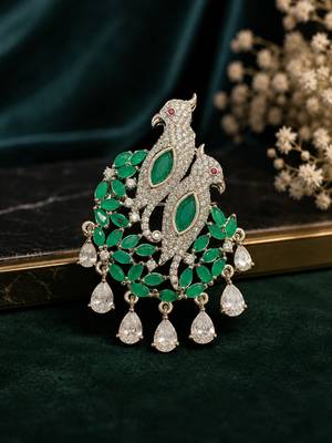 Emerald green dual peacock american diamond silver finish designer brooch 2