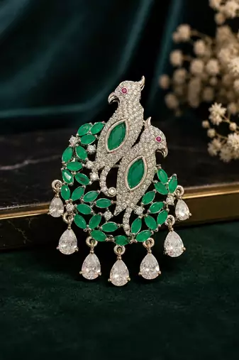 Emerald green dual peacock american diamond silver finish designer brooch