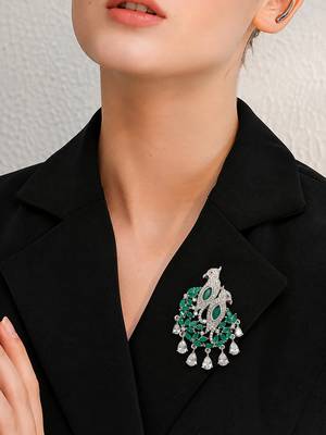 Emerald green dual peacock american diamond silver finish designer brooch 3