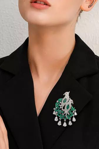 Emerald green dual peacock american diamond silver finish designer brooch