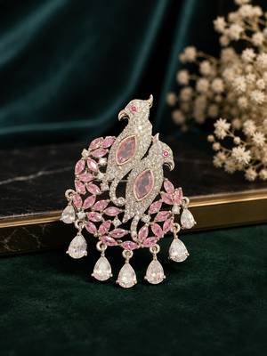 Emerald pink dual  american diamond silver finish designer brooch 2