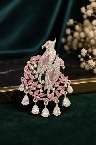 Emerald pink dual  american diamond silver finish designer brooch