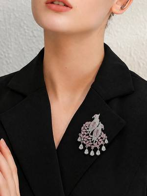 Emerald pink dual  american diamond silver finish designer brooch 3
