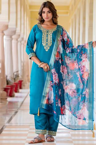 dark-sea-green fancy viscose rayon kurta set