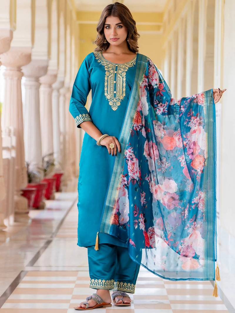 dark-sea-green fancy viscose rayon kurta set