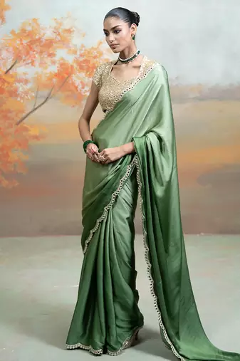 Olive green mirror embroidered modal satin saree set