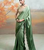 Olive green mirror embroidered modal satin saree set