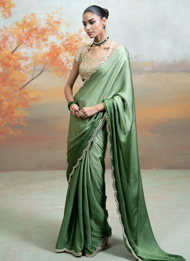 Olive green mirror embroidered modal satin saree set