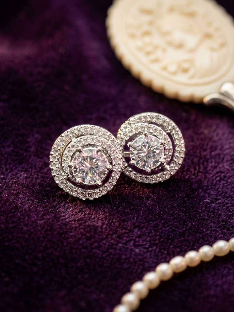 Elegant silver plated american diamond stud earrings for women