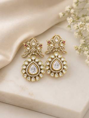 Royal antique gold plated kundan pearl drop statement earrings for women 1