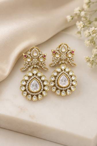 Royal antique gold plated kundan pearl drop statement earrings for women