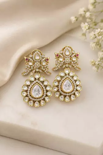 Royal antique gold plated kundan pearl drop statement earrings for women