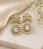 Royal antique gold plated kundan pearl drop statement earrings for women