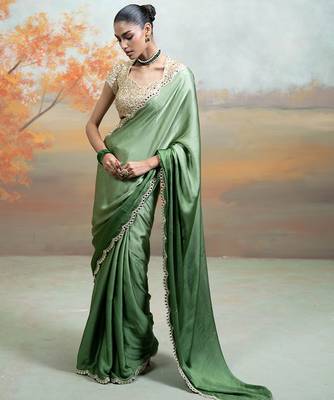 Olive green mirror embroidered modal satin saree set 2