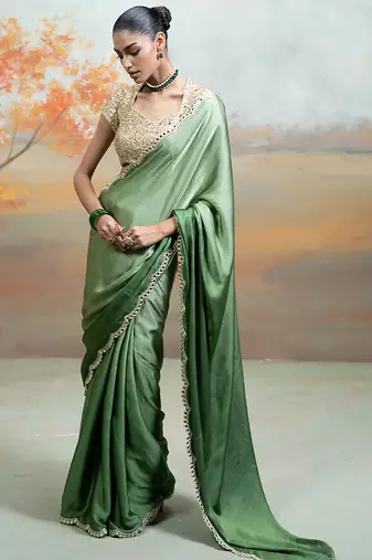 Olive green mirror embroidered modal satin saree set