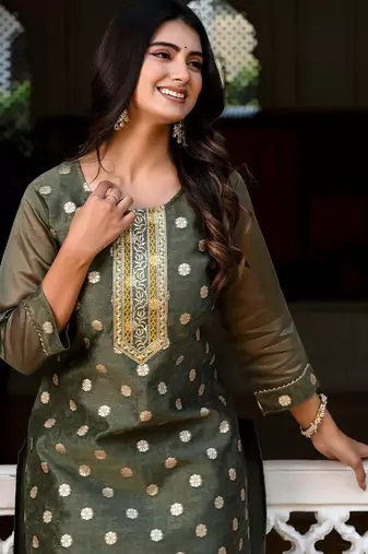 green fancy silk blend long kurti