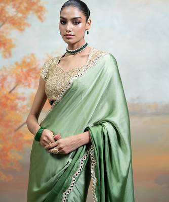 Olive green mirror embroidered modal satin saree set 3