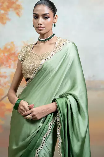 Olive green mirror embroidered modal satin saree set