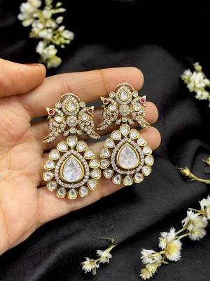 Royal antique gold plated kundan pearl drop statement earrings for women 2