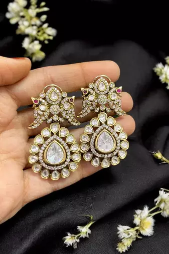 Royal antique gold plated kundan pearl drop statement earrings for women