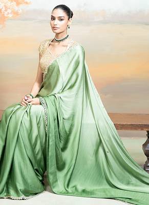 Olive green mirror embroidered modal satin saree set 4