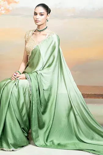 Olive green mirror embroidered modal satin saree set
