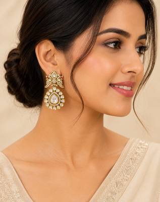 Royal antique gold plated kundan pearl drop statement earrings for women 3