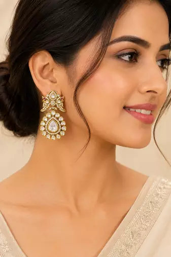 Royal antique gold plated kundan pearl drop statement earrings for women