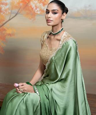 Olive green mirror embroidered modal satin saree set 5