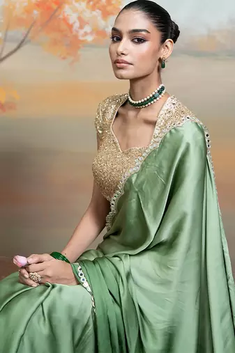 Olive green mirror embroidered modal satin saree set