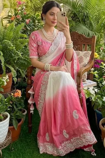 Light Pink Color  embroidery sequence work georgette Saree