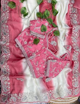 Light Pink Color  embroidery sequence work georgette Saree 4