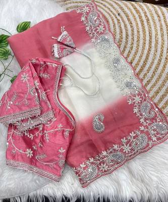 Light Pink Color  embroidery sequence work georgette Saree 5