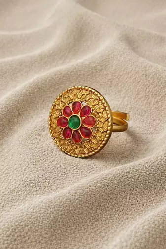 Traditional antique gold floral adjustable ring for women