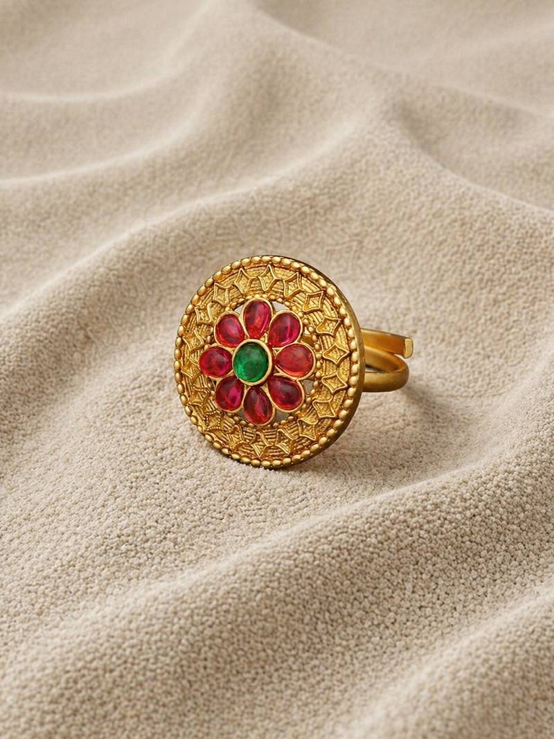 Traditional antique gold floral adjustable ring for women