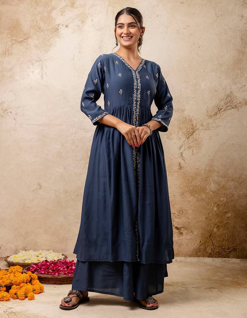 teal fancy silk blend kurta set